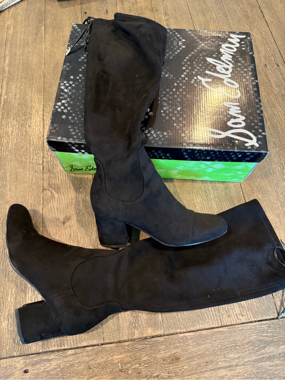 Sam Edelman Black Suede Knee-High Block Heel Boots